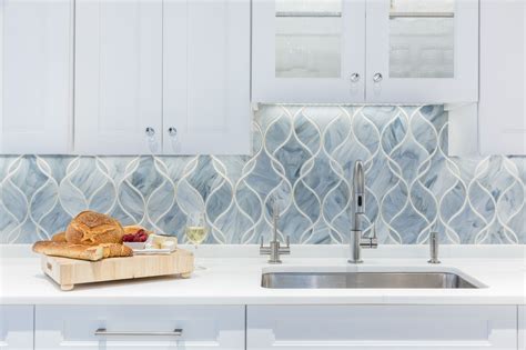 blue reflective backsplash pattern.